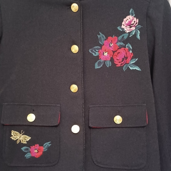 and eawy women's jacket black and gold buttons floral embroidery sz 6 and pocket - Picture 2 of 12
